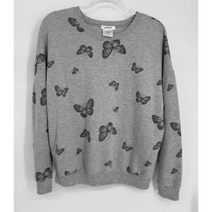 Weekend Soul Womens Heather Grey Butterfly Print Crew Neck Sweatshirt Sz M